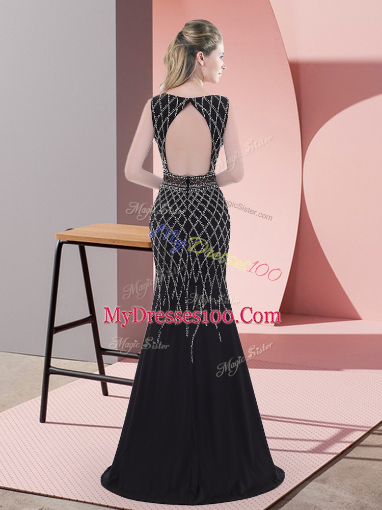Sleeveless Chiffon Floor Length Backless Evening Outfits in Black with Beading