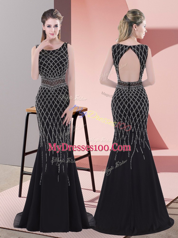 Sleeveless Chiffon Floor Length Backless Evening Outfits in Black with Beading