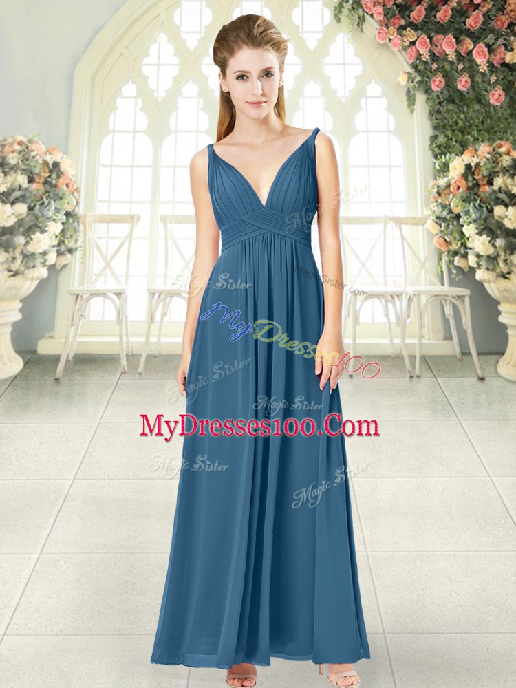 Fabulous Empire Evening Party Dresses Blue V-neck Chiffon Sleeveless Ankle Length Backless