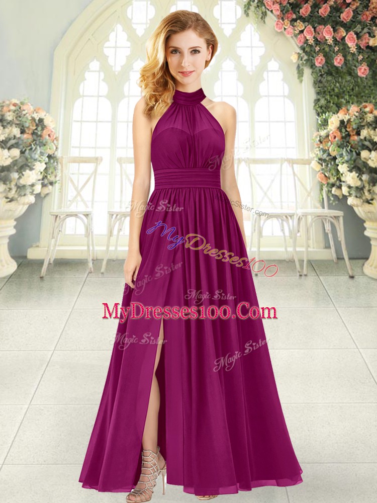 Excellent Sleeveless Chiffon Ankle Length Zipper Prom Dress in Burgundy with Ruching