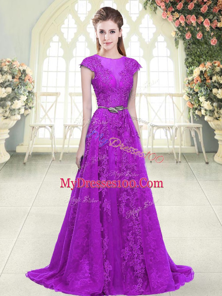 Artistic Tulle Cap Sleeves Evening Wear Sweep Train and Lace and Appliques and Pick Ups