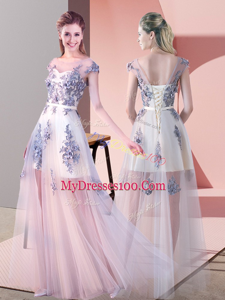 Shining Floor Length Lace Up Prom Evening Gown Pink for Prom and Party with Appliques