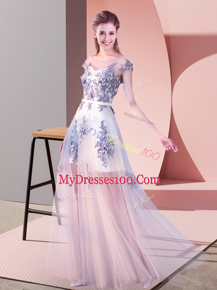 Shining Floor Length Lace Up Prom Evening Gown Pink for Prom and Party with Appliques