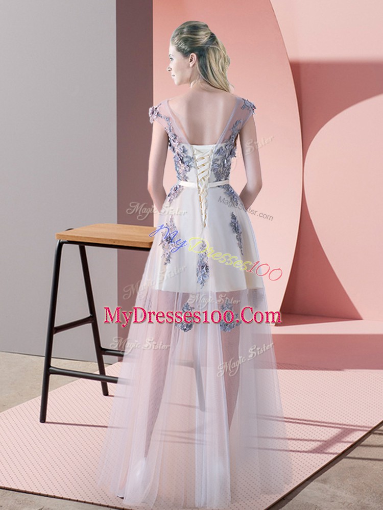 Shining Floor Length Lace Up Prom Evening Gown Pink for Prom and Party with Appliques