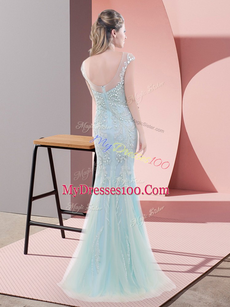 Floor Length Zipper Prom Evening Gown Blue for Prom and Party and Military Ball with Beading