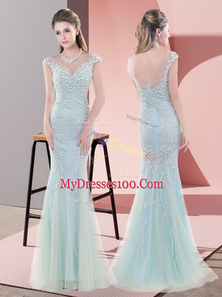 Floor Length Zipper Prom Evening Gown Blue for Prom and Party and Military Ball with Beading