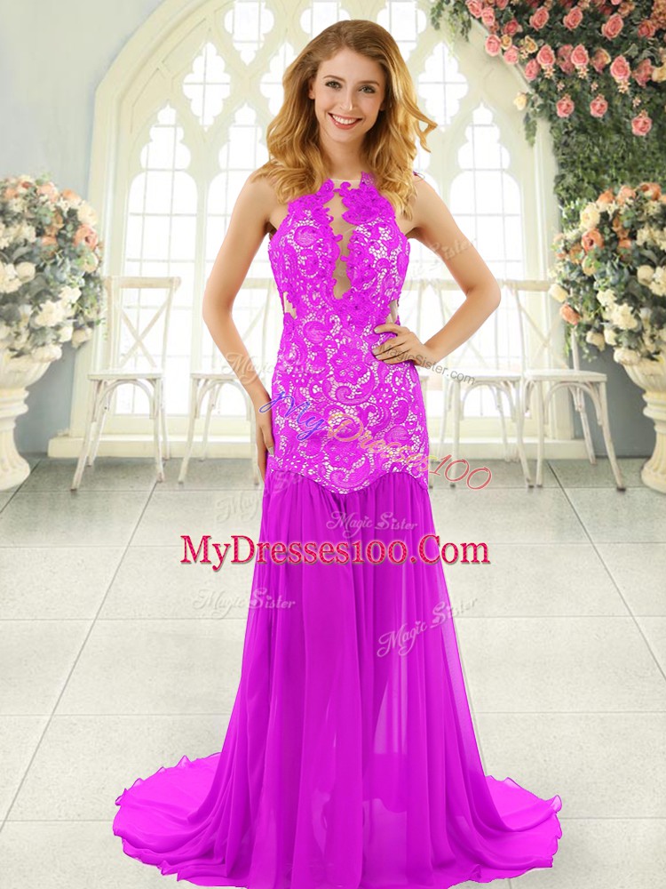 Shining Lace Prom Gown Pink Backless Sleeveless Brush Train