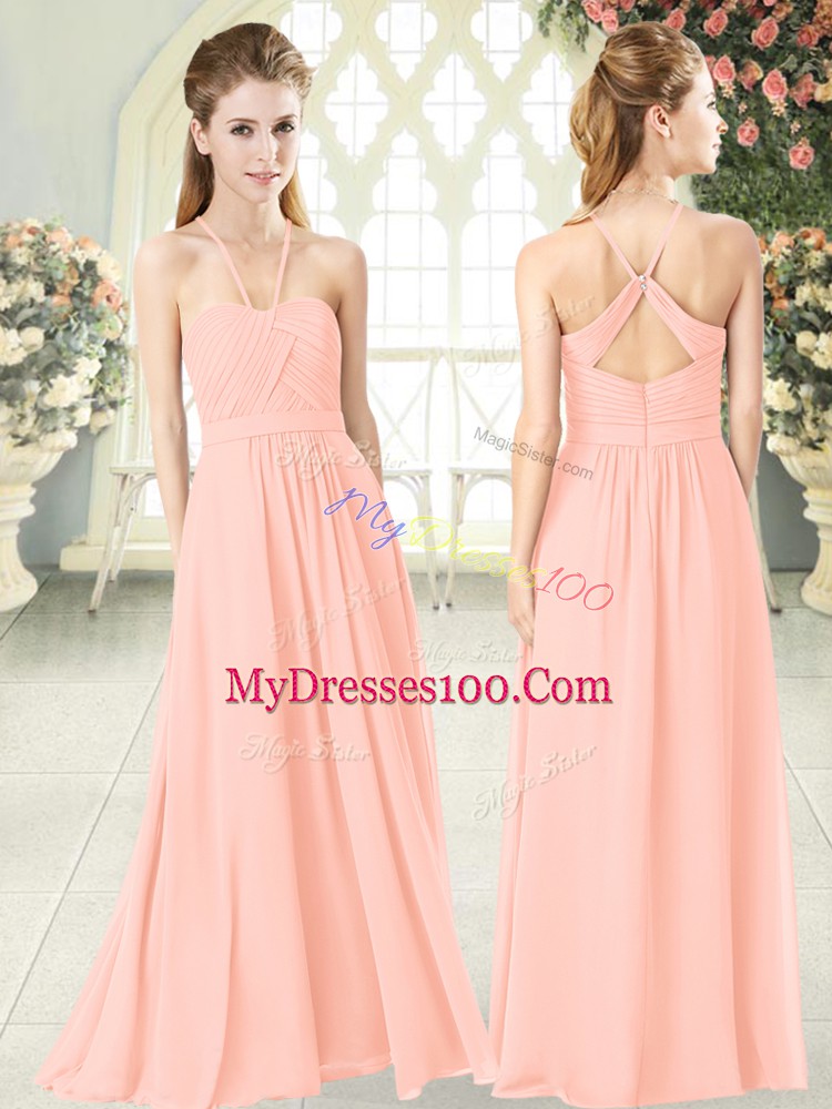 Exquisite Pink Chiffon Criss Cross Halter Top Sleeveless Floor Length Homecoming Dress Ruching