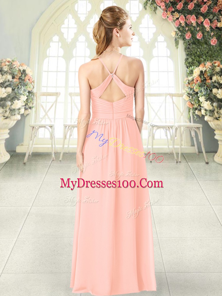 Exquisite Pink Chiffon Criss Cross Halter Top Sleeveless Floor Length Homecoming Dress Ruching
