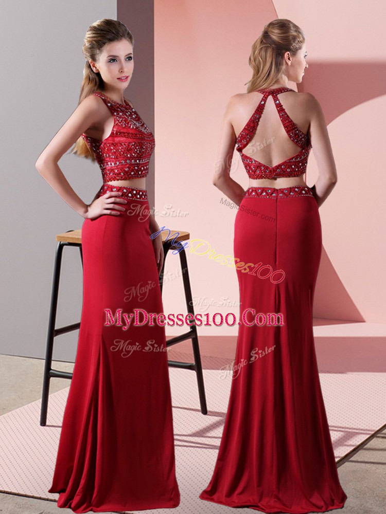 Great Red Halter Top Backless Beading Prom Party Dress Sleeveless
