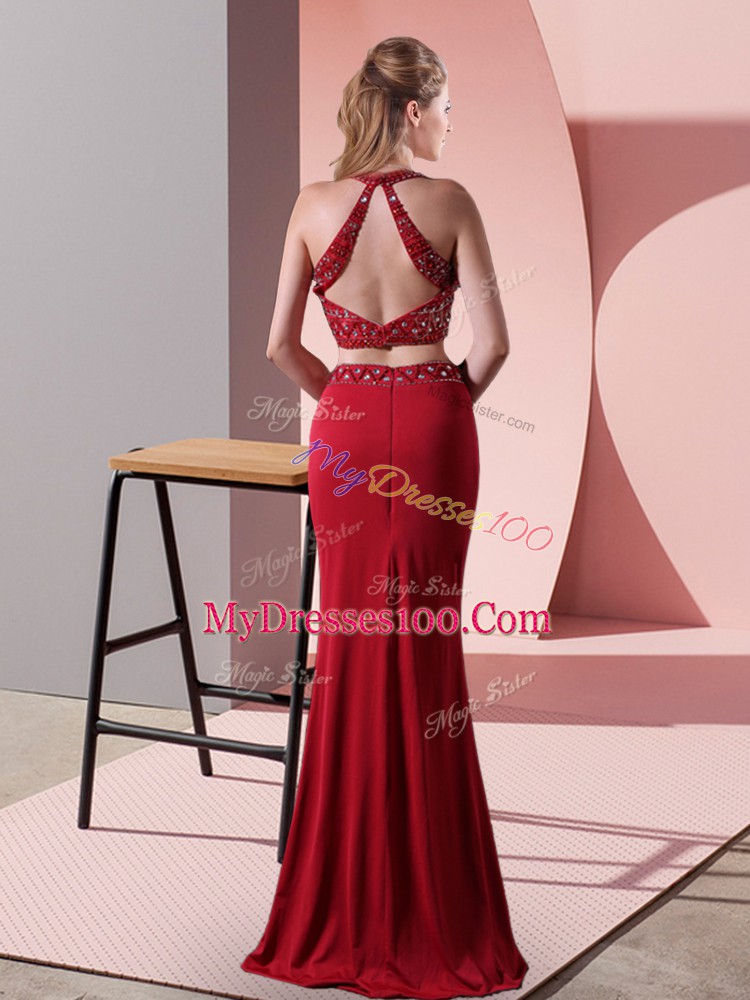Great Red Halter Top Backless Beading Prom Party Dress Sleeveless