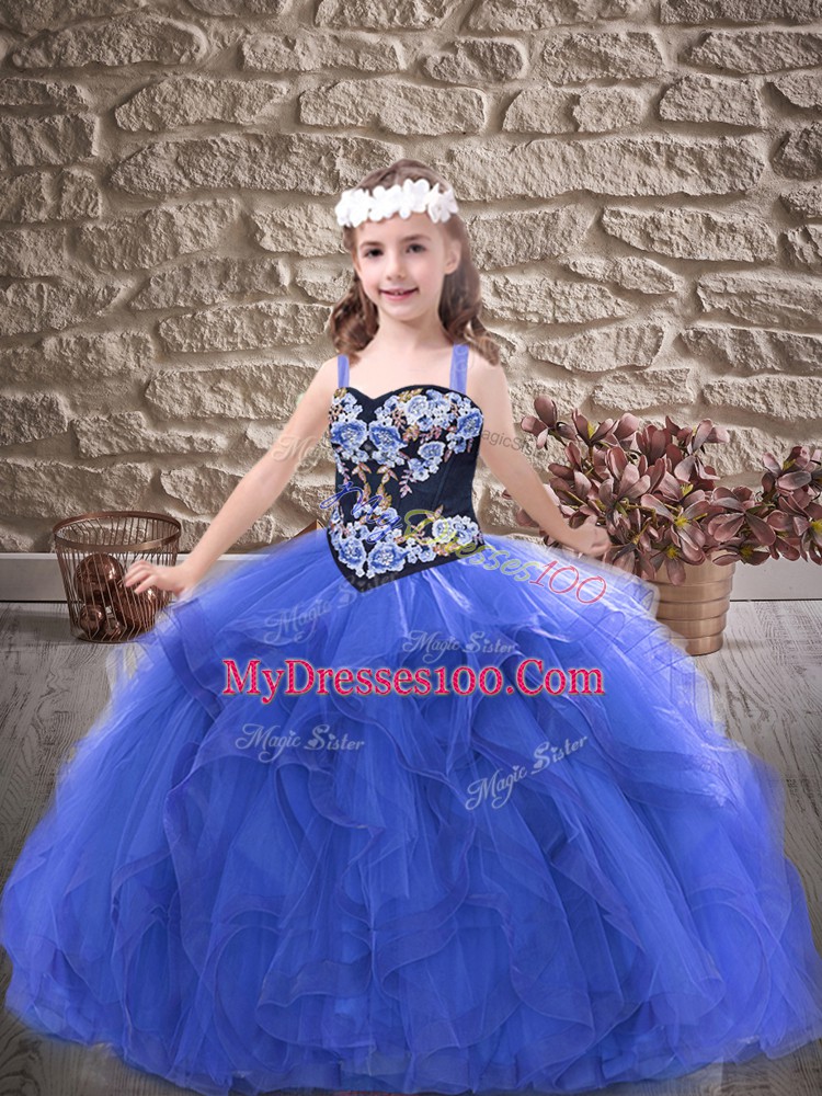Royal Blue Tulle Lace Up Straps Sleeveless Floor Length Winning Pageant Gowns Embroidery and Ruffles