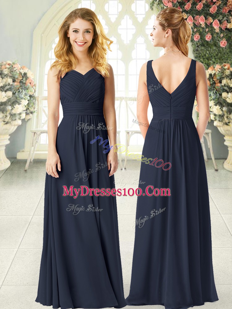 Black Chiffon Zipper Prom Gown Sleeveless Floor Length Ruching