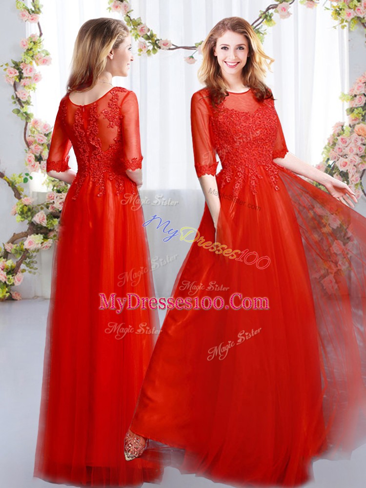 Scoop Half Sleeves Bridesmaids Dress Floor Length Lace Red Tulle