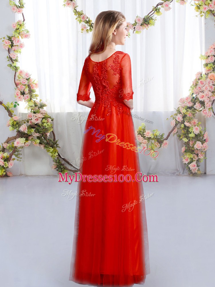 Scoop Half Sleeves Bridesmaids Dress Floor Length Lace Red Tulle