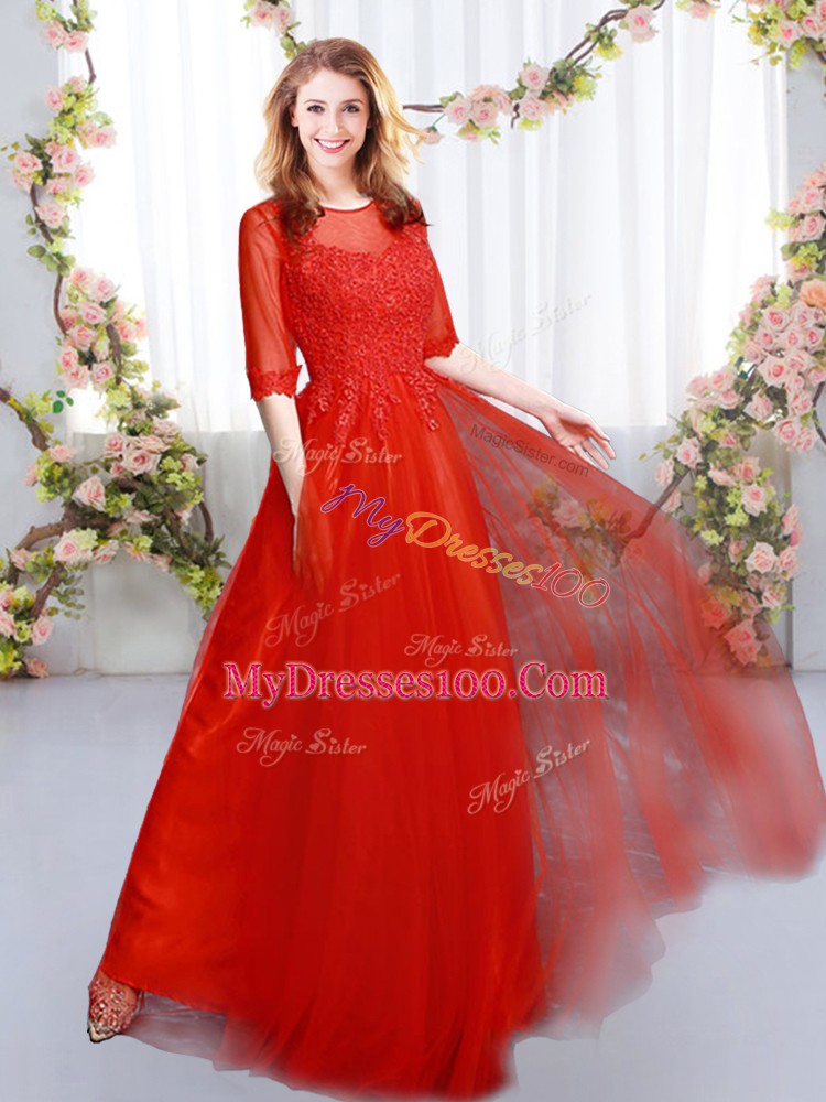 Scoop Half Sleeves Bridesmaids Dress Floor Length Lace Red Tulle