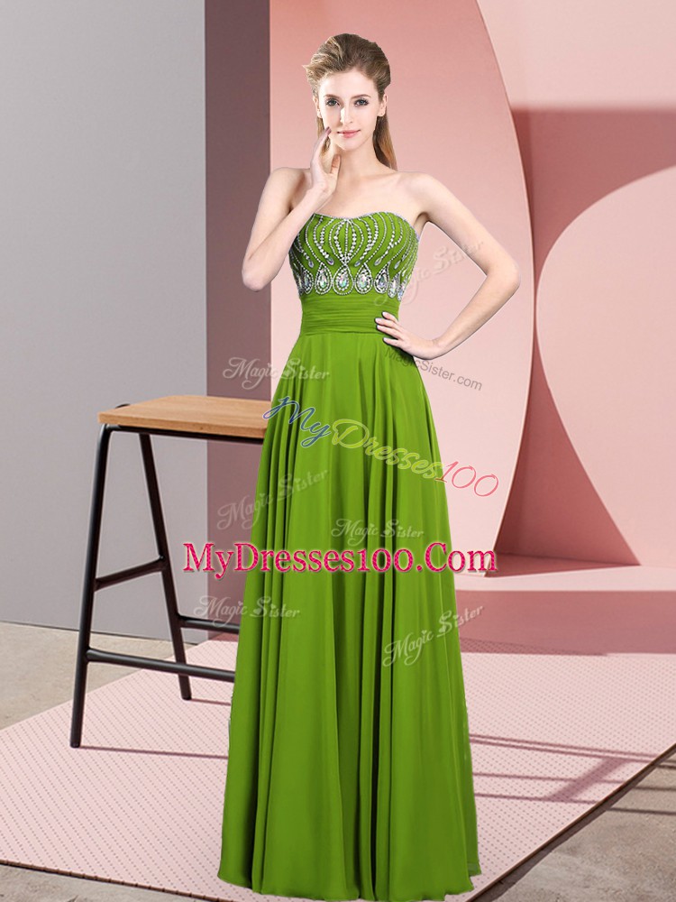 Green Chiffon Zipper Strapless Sleeveless Floor Length Dress for Prom Beading