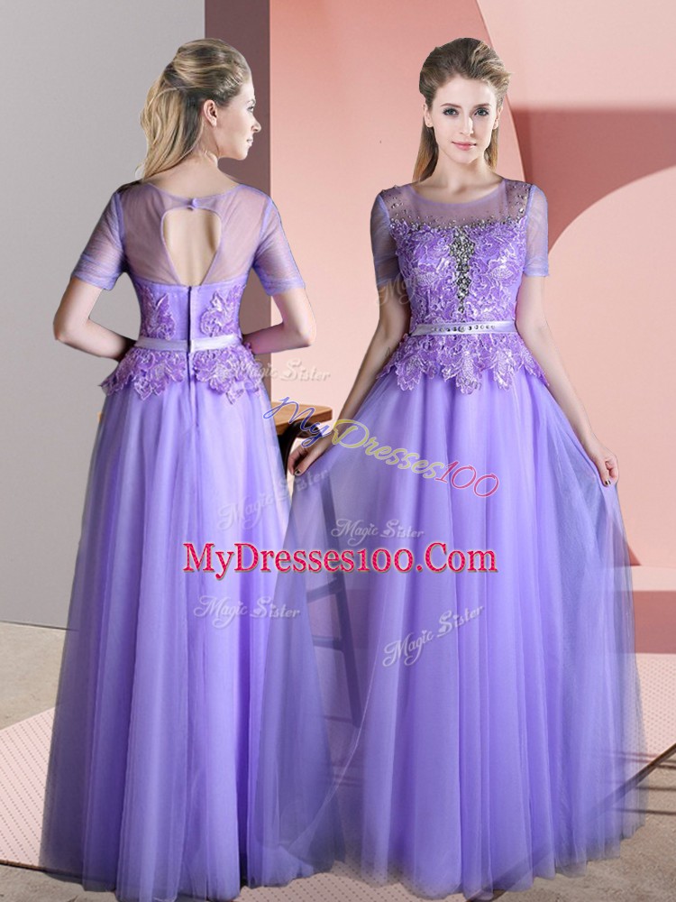 Lavender Empire Beading and Lace Backless Tulle Short Sleeves Floor Length