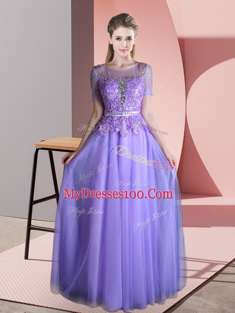 Lavender Empire Beading and Lace Backless Tulle Short Sleeves Floor Length