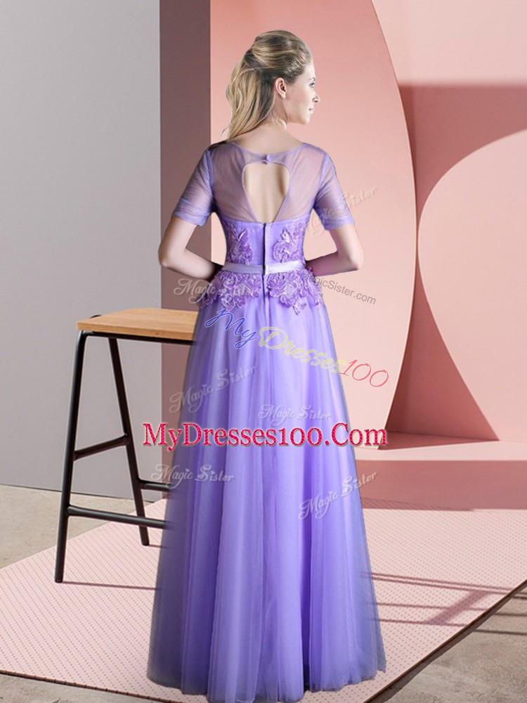 Lavender Empire Beading and Lace Backless Tulle Short Sleeves Floor Length