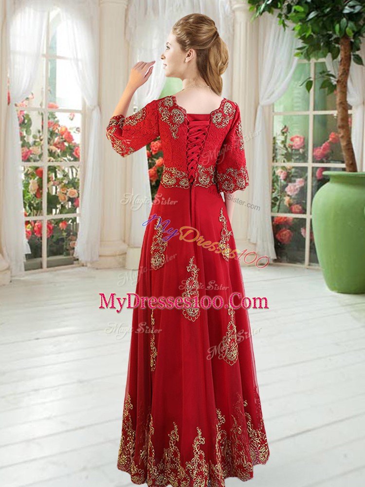 Vintage Scoop Half Sleeves Lace Up Dress for Prom Purple Tulle