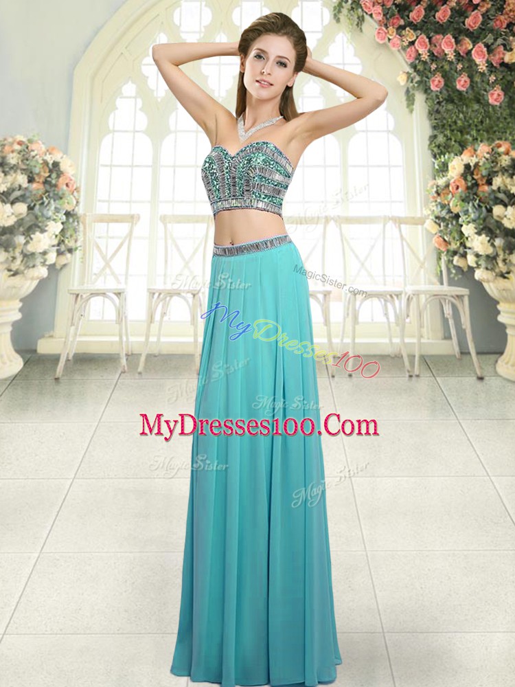 Aqua Blue Backless Sweetheart Beading Prom Dress Chiffon Sleeveless