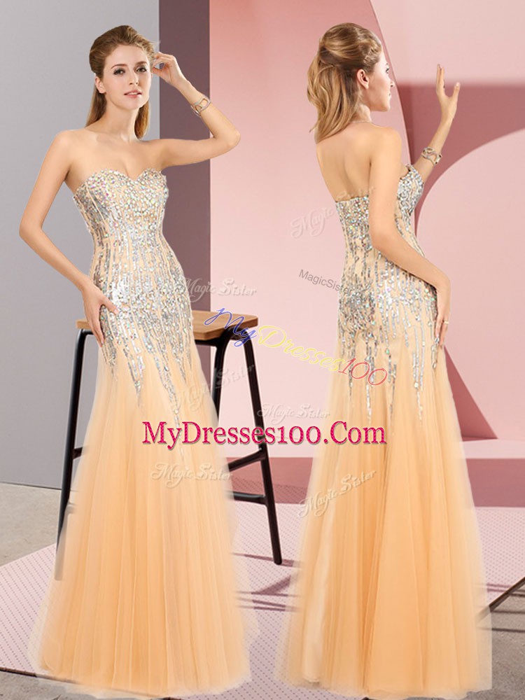 Cute Floor Length Zipper Prom Evening Gown Orange for Prom and Party with Beading