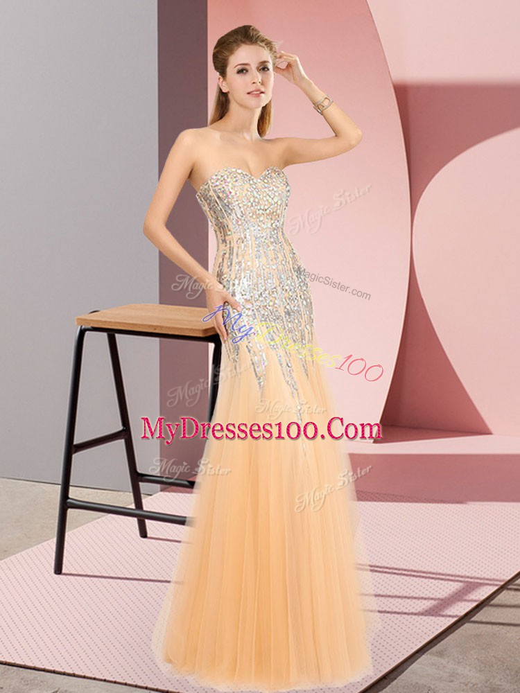 Cute Floor Length Zipper Prom Evening Gown Orange for Prom and Party with Beading