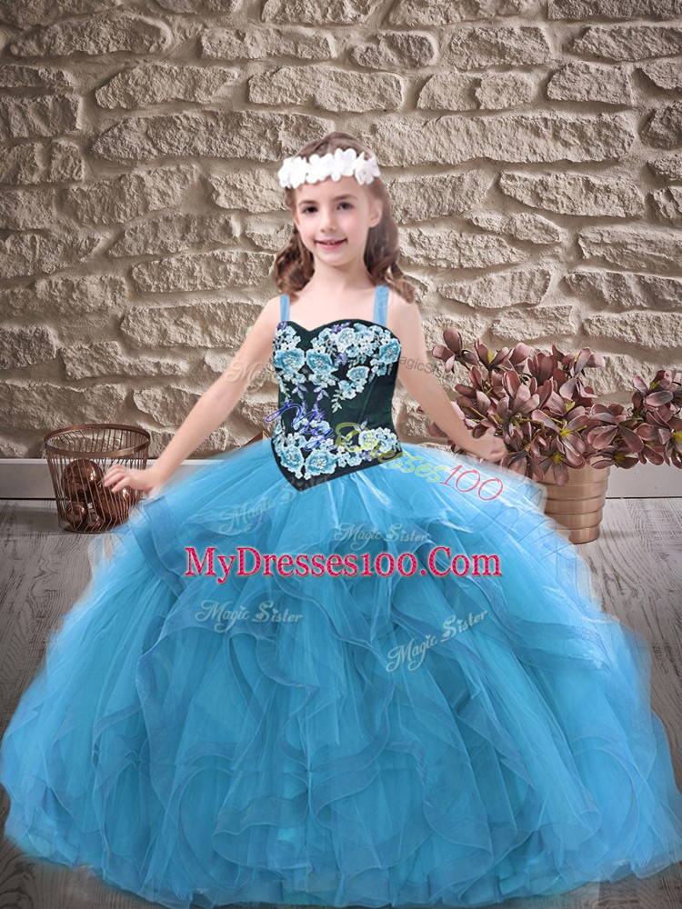 Stylish Baby Blue Tulle Lace Up Pageant Dress for Girls Sleeveless Floor Length Embroidery and Ruffles