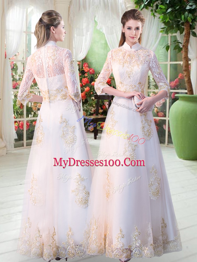 White Tulle Zipper High-neck 3 4 Length Sleeve Floor Length Prom Party Dress Appliques