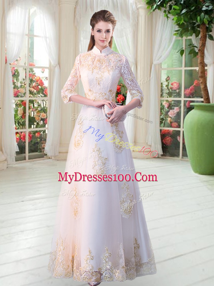 White Tulle Zipper High-neck 3 4 Length Sleeve Floor Length Prom Party Dress Appliques
