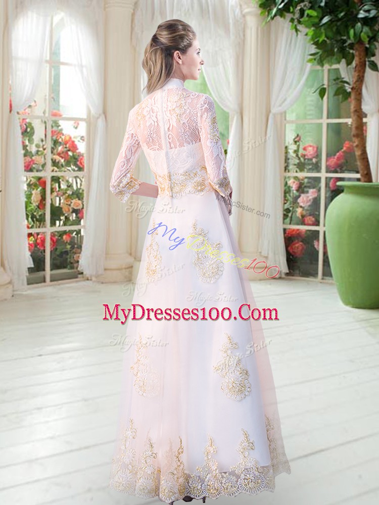 White Tulle Zipper High-neck 3 4 Length Sleeve Floor Length Prom Party Dress Appliques