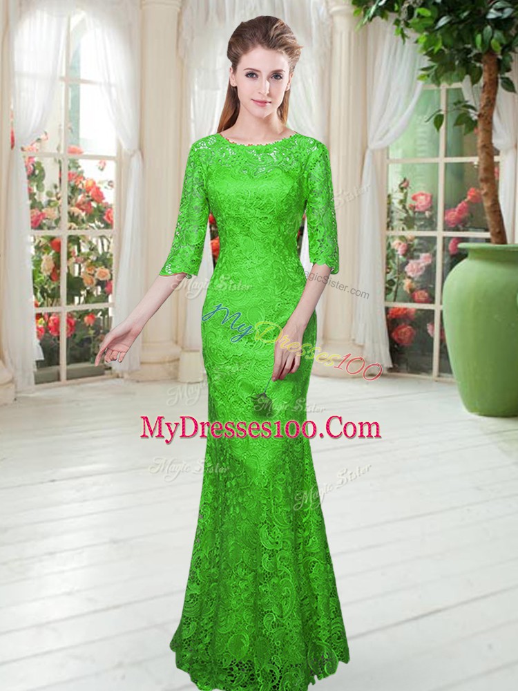 Scoop Half Sleeves Prom Dresses Floor Length Lace Green