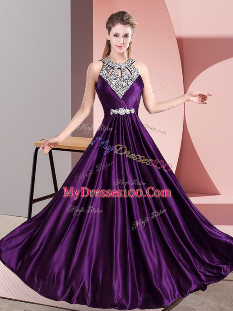 Floor Length Purple Evening Dress Halter Top Sleeveless Zipper