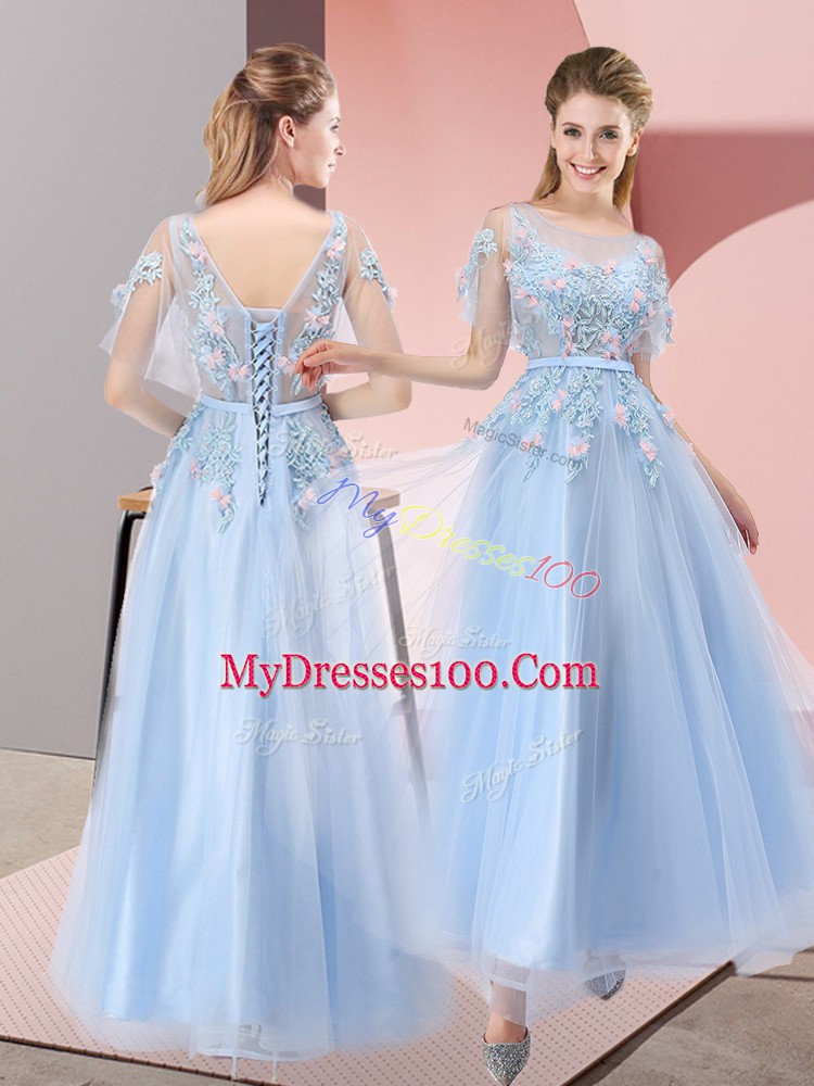 Eye-catching Scoop Short Sleeves Tulle Prom Dresses Appliques Lace Up