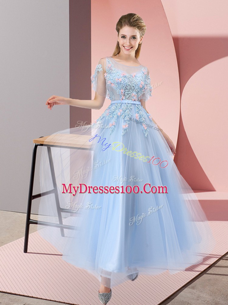 Eye-catching Scoop Short Sleeves Tulle Prom Dresses Appliques Lace Up