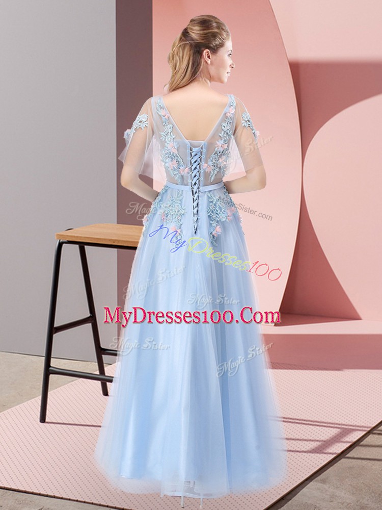 Eye-catching Scoop Short Sleeves Tulle Prom Dresses Appliques Lace Up