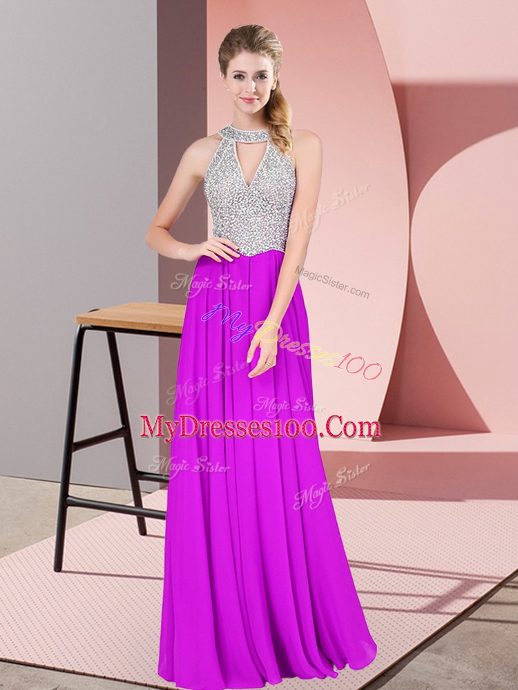 Discount Purple Prom Dress Prom and Party and Military Ball with Beading Halter Top Sleeveless Zipper
