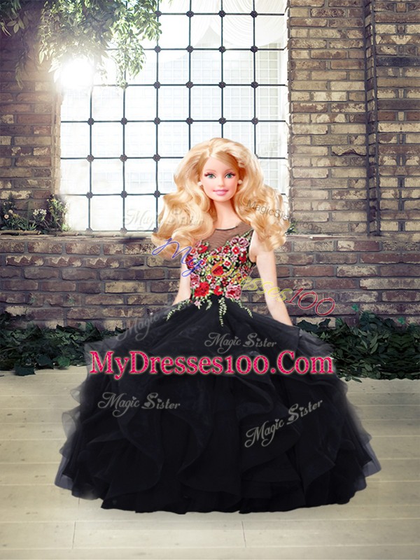 Black Tulle Lace Up 15th Birthday Dress Sleeveless Floor Length Beading and Embroidery