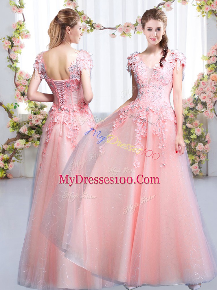 Beauteous Pink V-neck Neckline Beading and Appliques Wedding Party Dress Cap Sleeves Lace Up