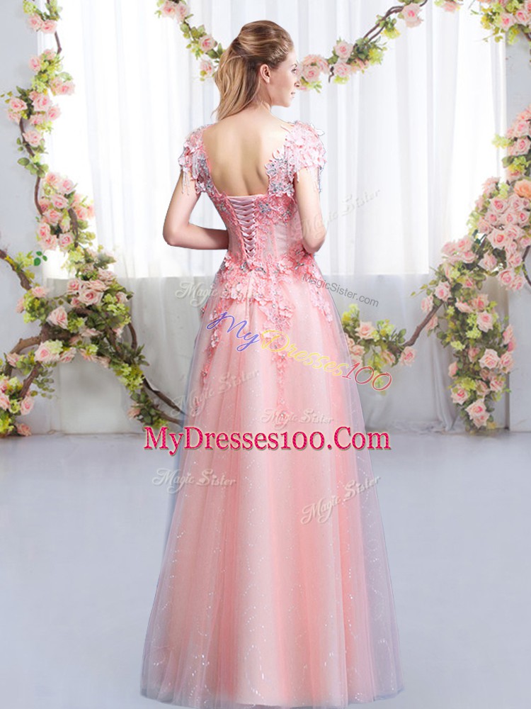 Beauteous Pink V-neck Neckline Beading and Appliques Wedding Party Dress Cap Sleeves Lace Up