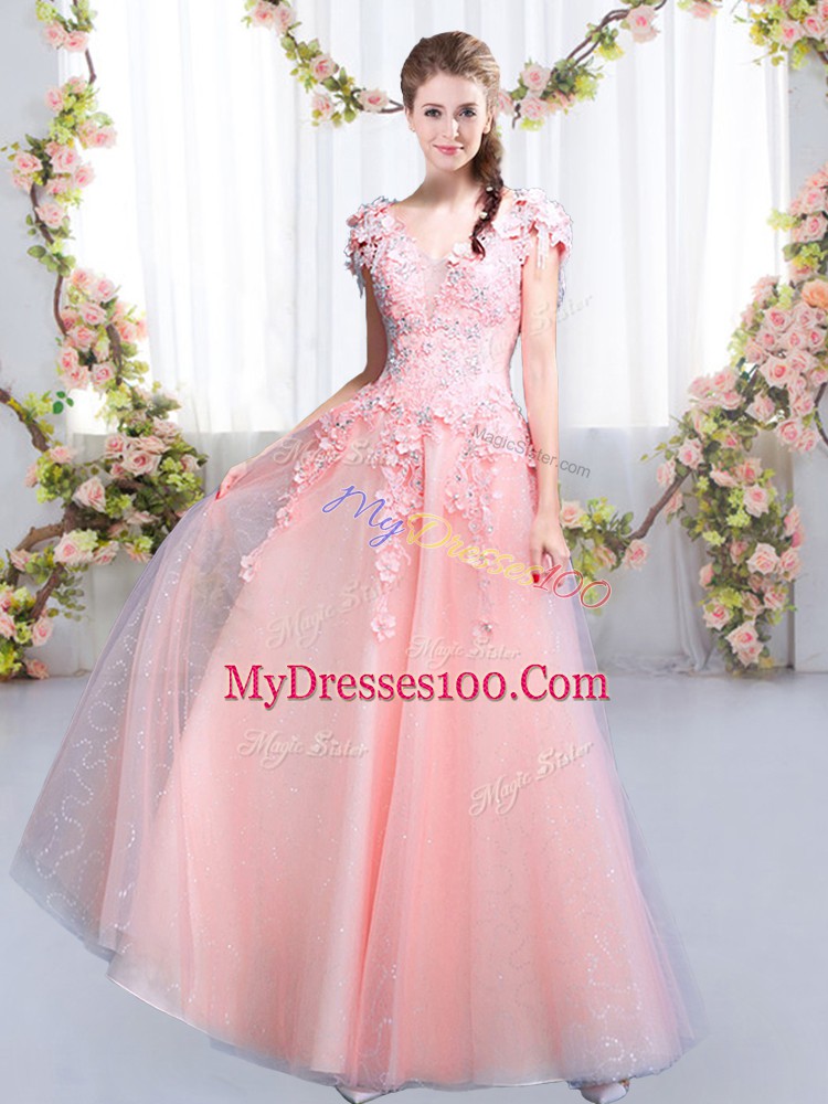 Beauteous Pink V-neck Neckline Beading and Appliques Wedding Party Dress Cap Sleeves Lace Up