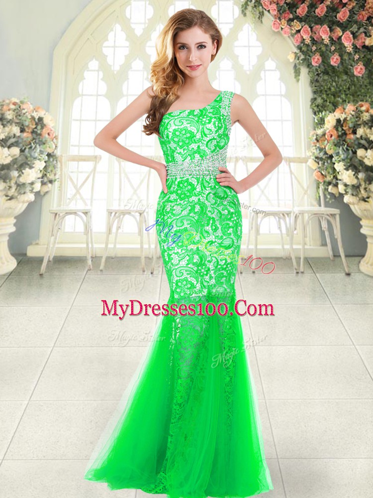 Extravagant Green One Shoulder Neckline Beading and Lace Prom Dress Sleeveless Zipper