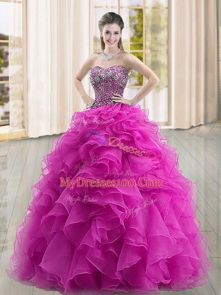 Floor Length Fuchsia Ball Gown Prom Dress Sweetheart Sleeveless Lace Up