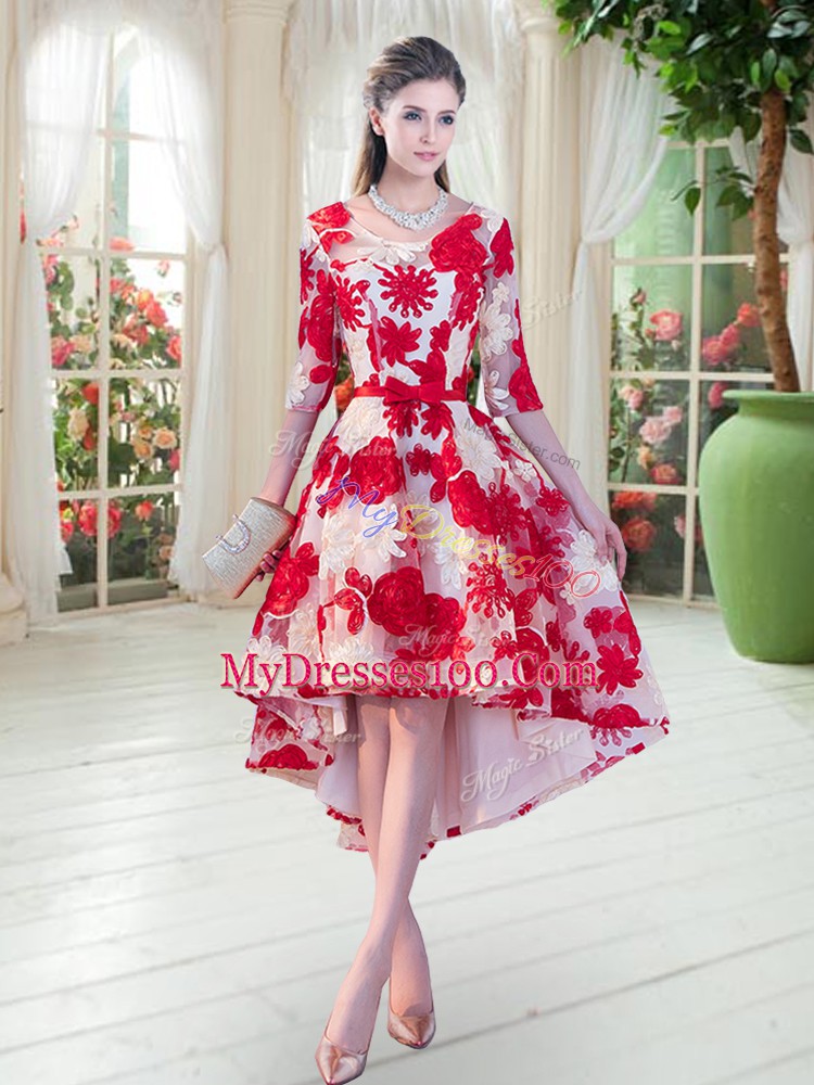 High Low White And Red Homecoming Dress Lace Half Sleeves Belt