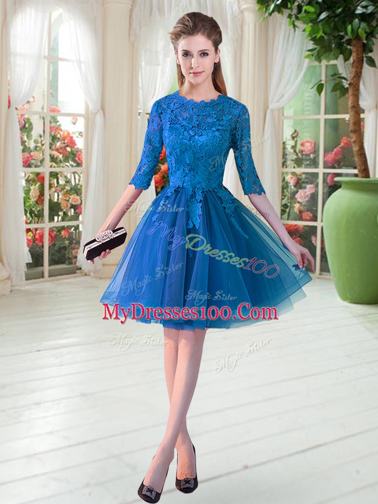 On Sale Blue Prom Dresses Prom and Party with Lace Scalloped Half Sleeves Zipper