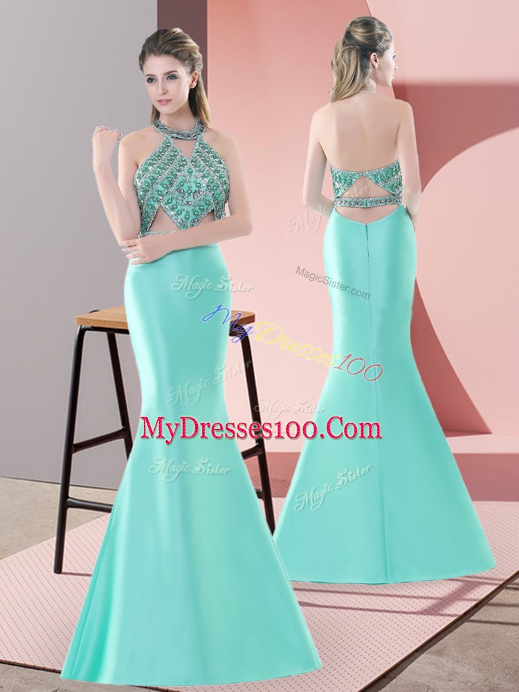 Blue and Apple Green Two Pieces Halter Top Sleeveless Satin Sweep Train Backless Beading Prom Dress