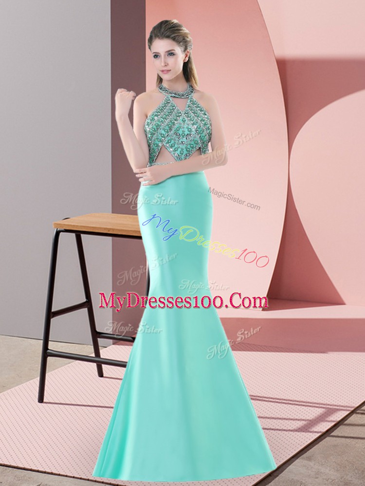 Blue and Apple Green Two Pieces Halter Top Sleeveless Satin Sweep Train Backless Beading Prom Dress