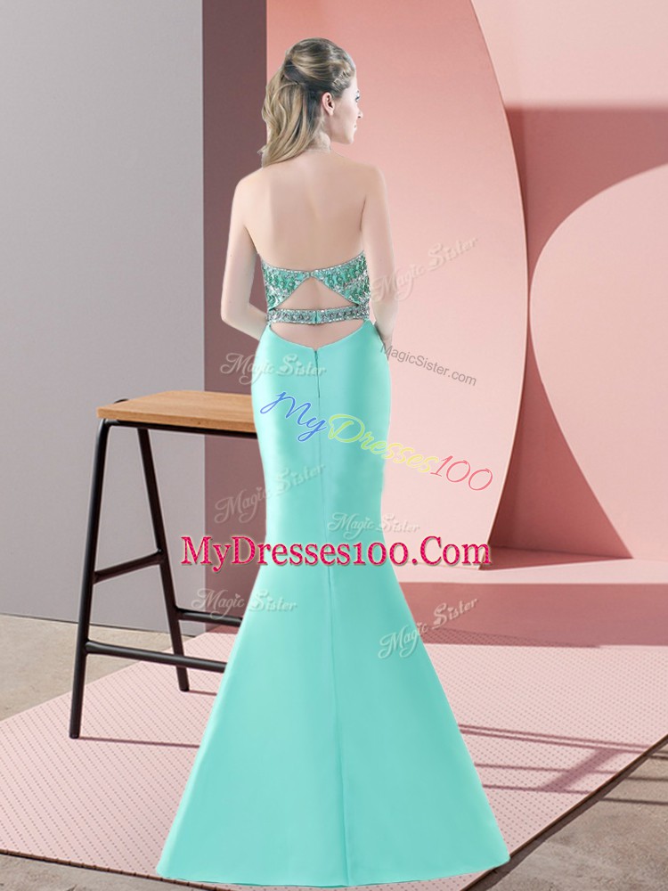 Blue and Apple Green Two Pieces Halter Top Sleeveless Satin Sweep Train Backless Beading Prom Dress