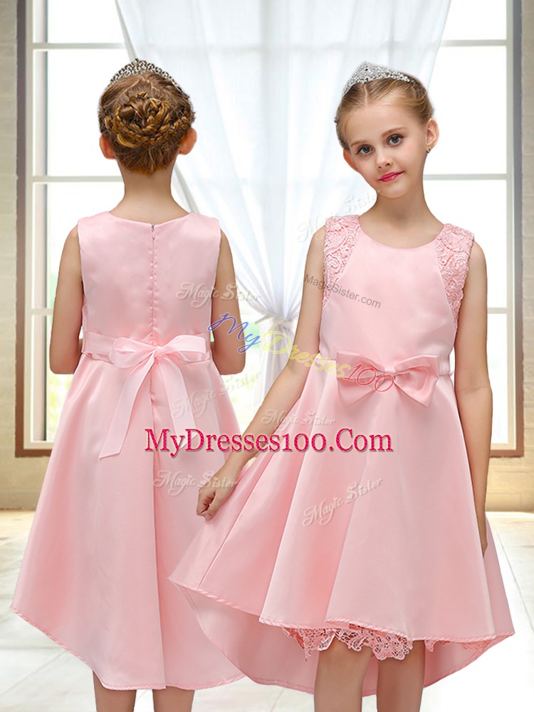 Sleeveless Zipper High Low Lace and Bowknot Toddler Flower Girl Dress